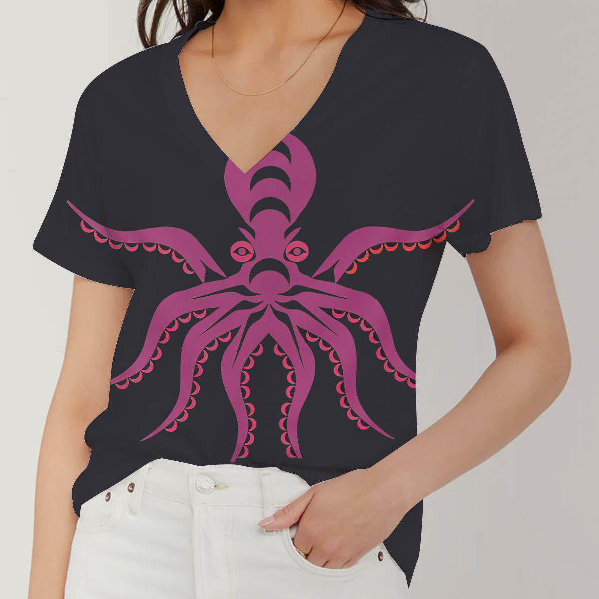 Pink Octopus V-Neck Women's T-Shirt_1_2.1