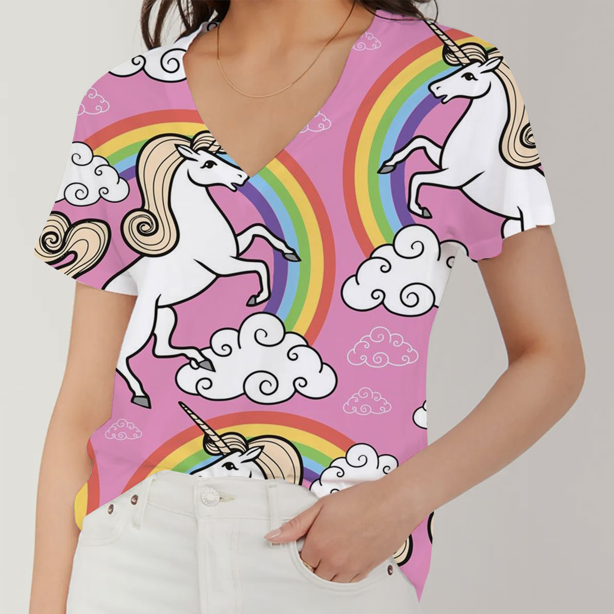 Pink Rainbow Unicorn V-Neck Women's T-Shirt_1_2.1