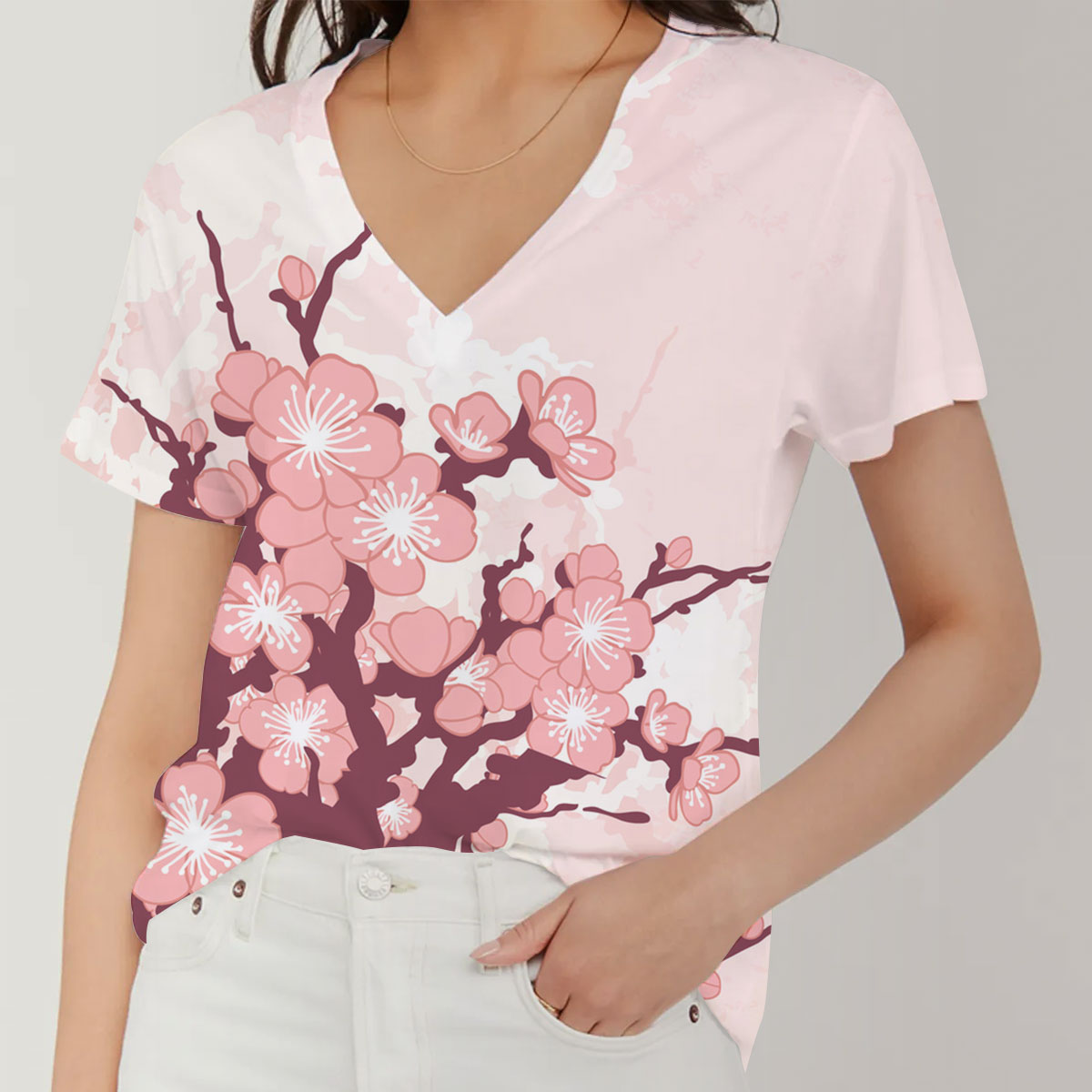 Pink Sakura Flower V-Neck Women's T-Shirt_1_2.1