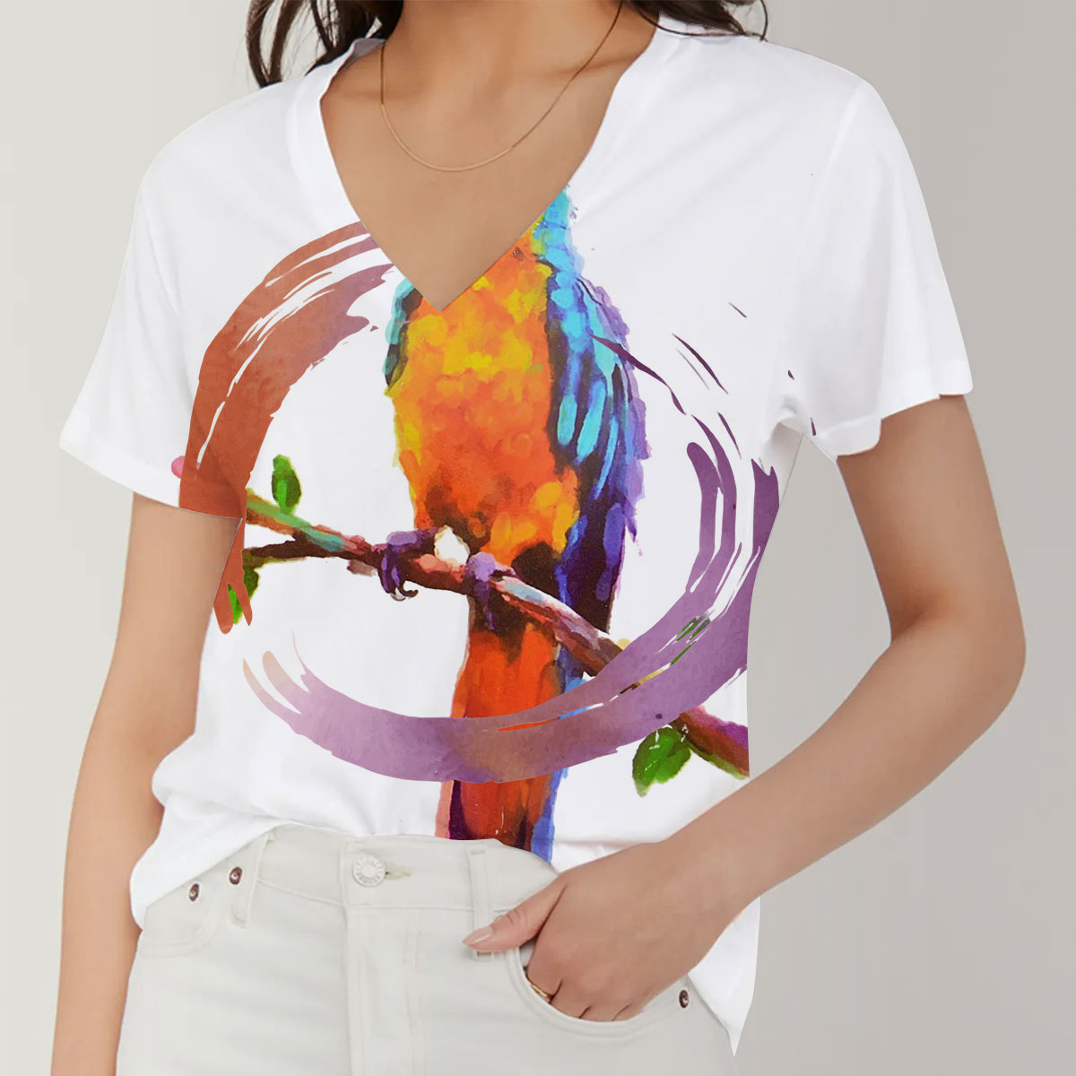 Water Color Parrot V-Neck Women's T-Shirt_1_2.1