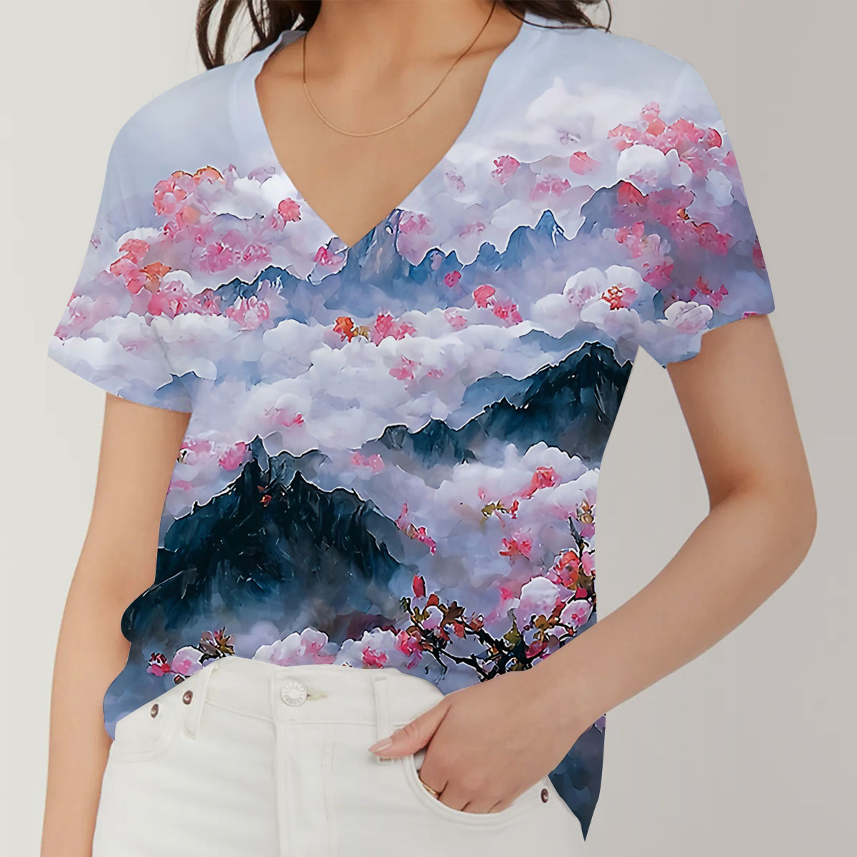 Watercolor Abstract Blossom V-Neck Women's T-Shirt_1_2.1