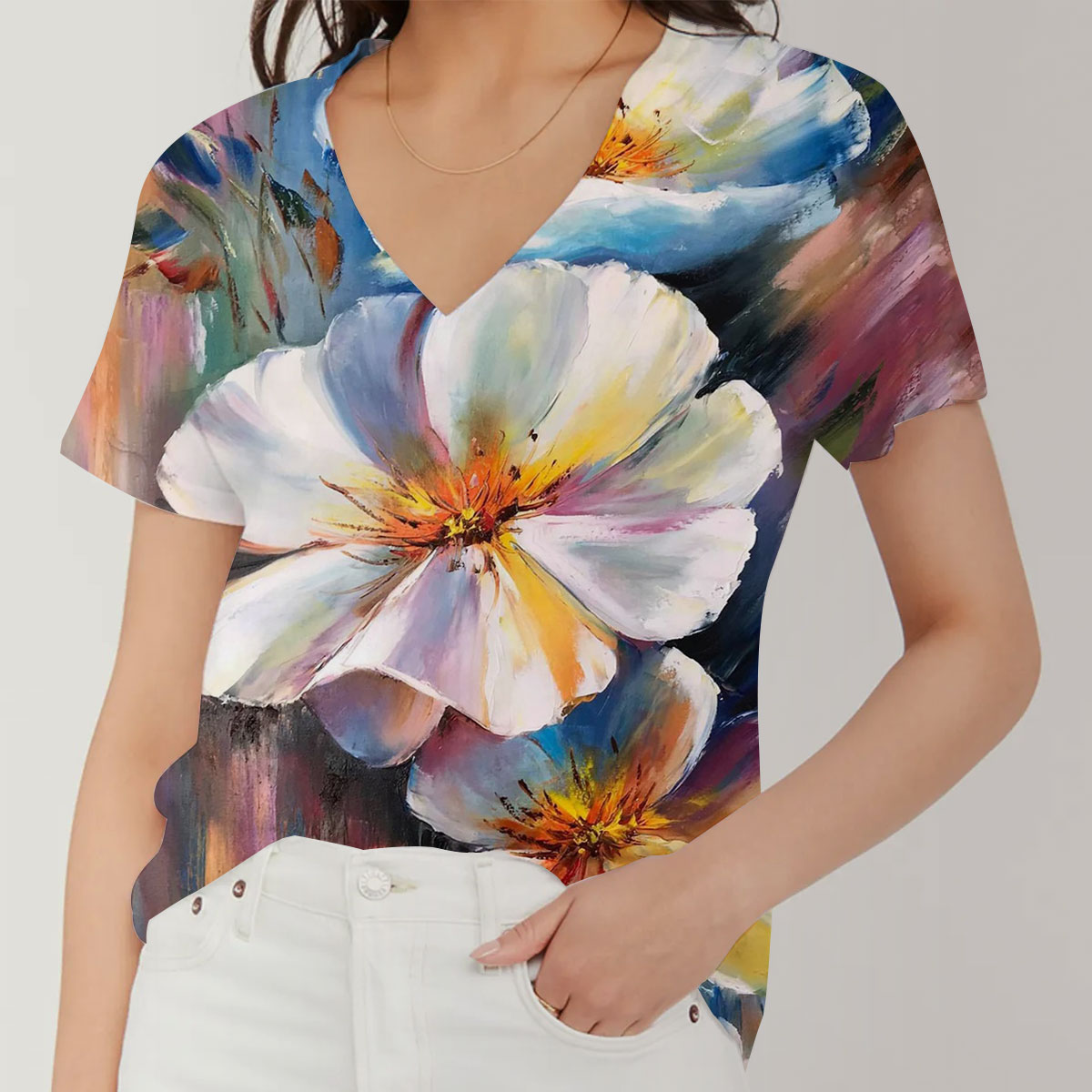 Watercolor Flower V-Neck Women's T-Shirt_1_2.1