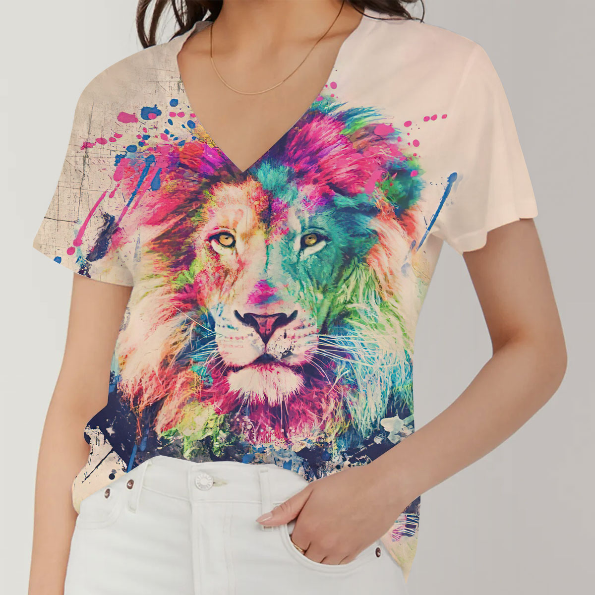 Watercolor Lion V-Neck Women's T-Shirt_1_2.1