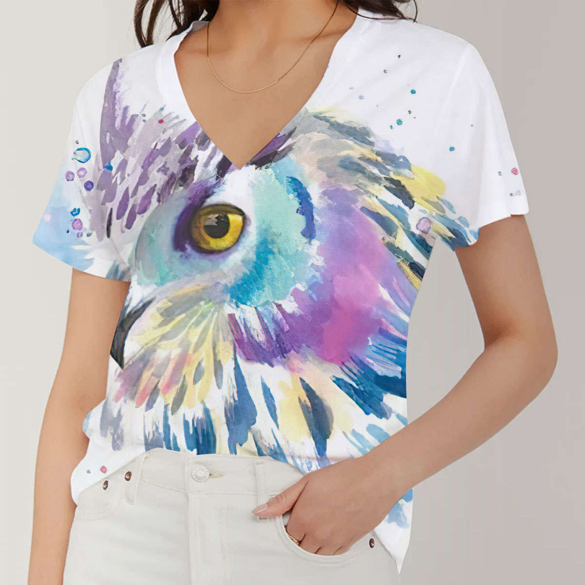 Watercolor Owl V-Neck Women's T-Shirt_1_2.1