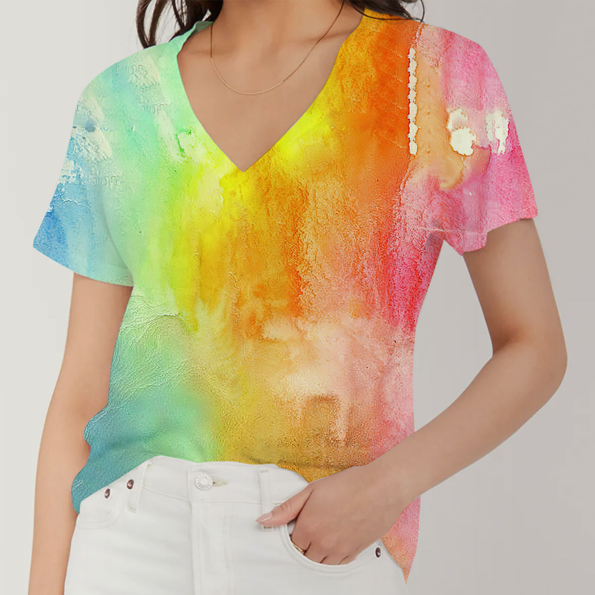 Watercolor Rainbow V-Neck Women's T-Shirt_1_2.1