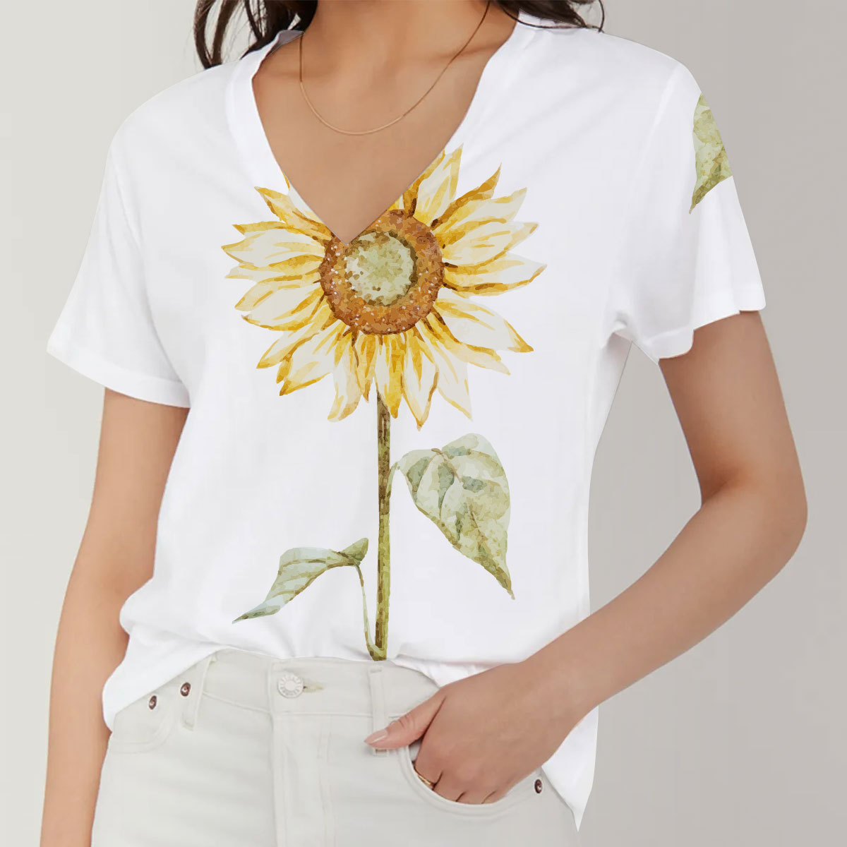 White Beautiful Sunflower V-Neck Women's T-Shirt_1_2.1