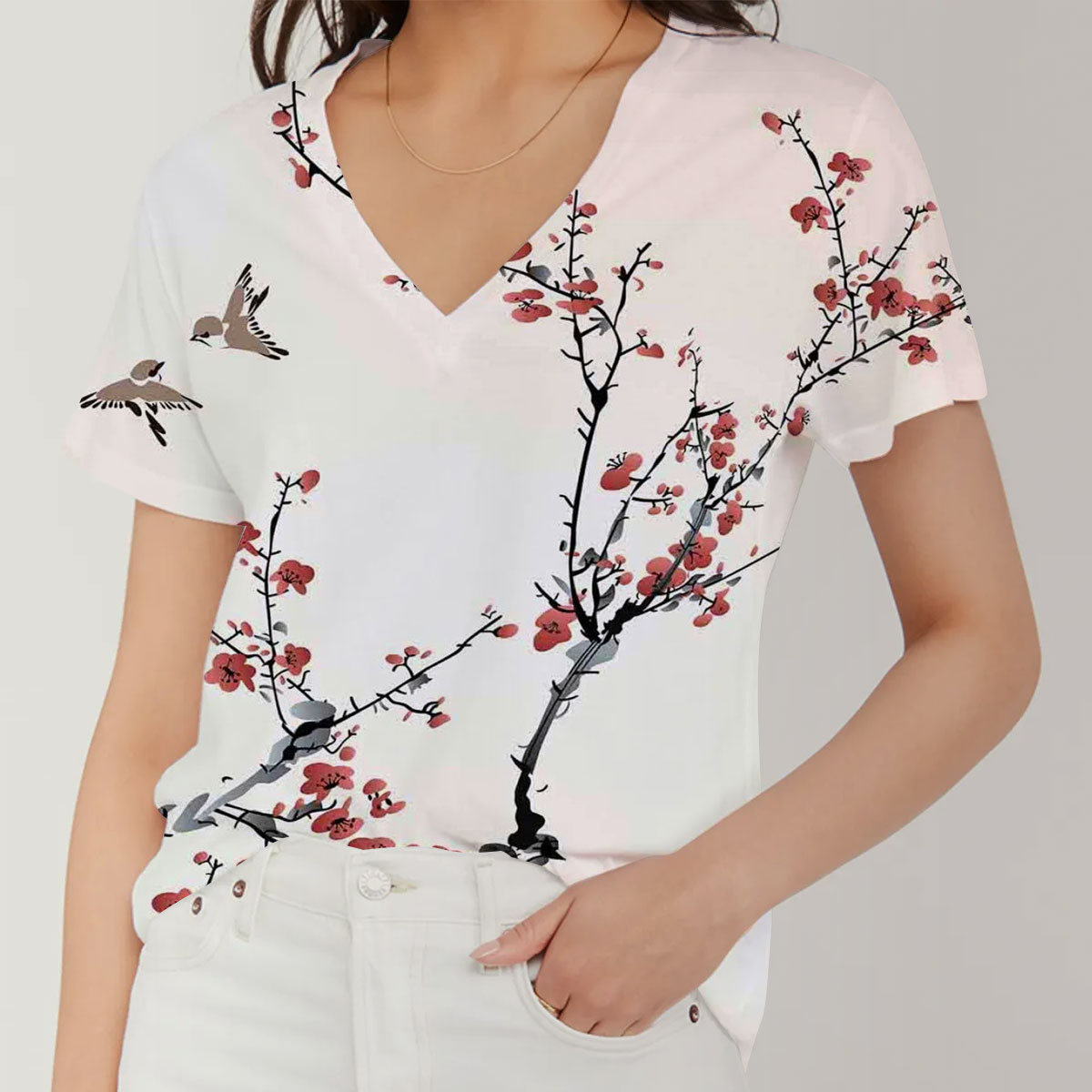 White Blossom V-Neck Women's T-Shirt_1_2.1