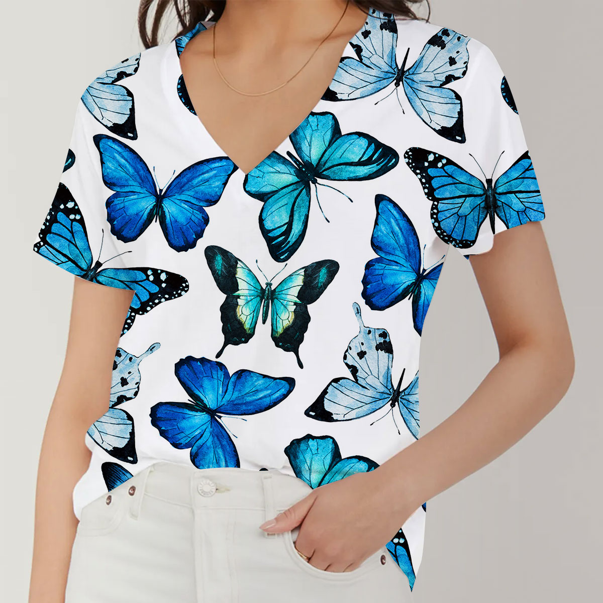 White Blue Butterfly V-Neck Women's T-Shirt_1_2.1