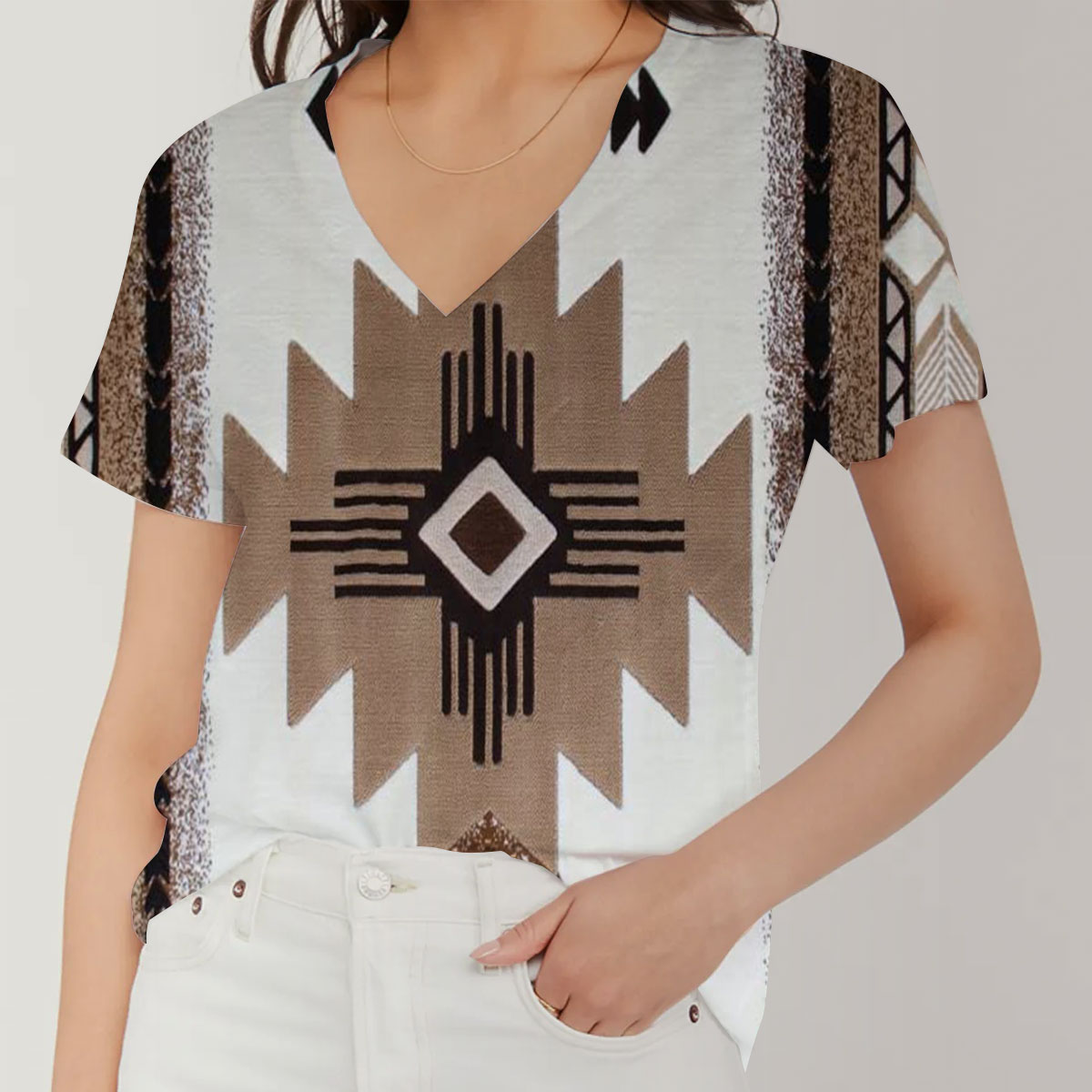 White Brown Native American V-Neck Women's T-Shirt_1_2.1