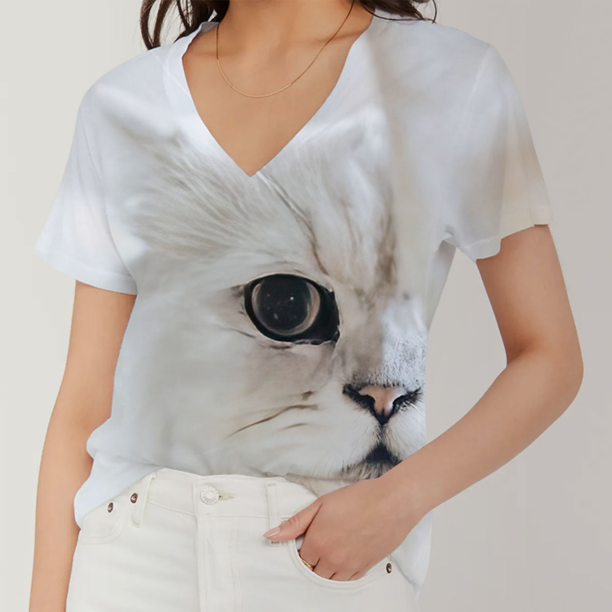 White Cat V-Neck Women's T-Shirt_1_2.1