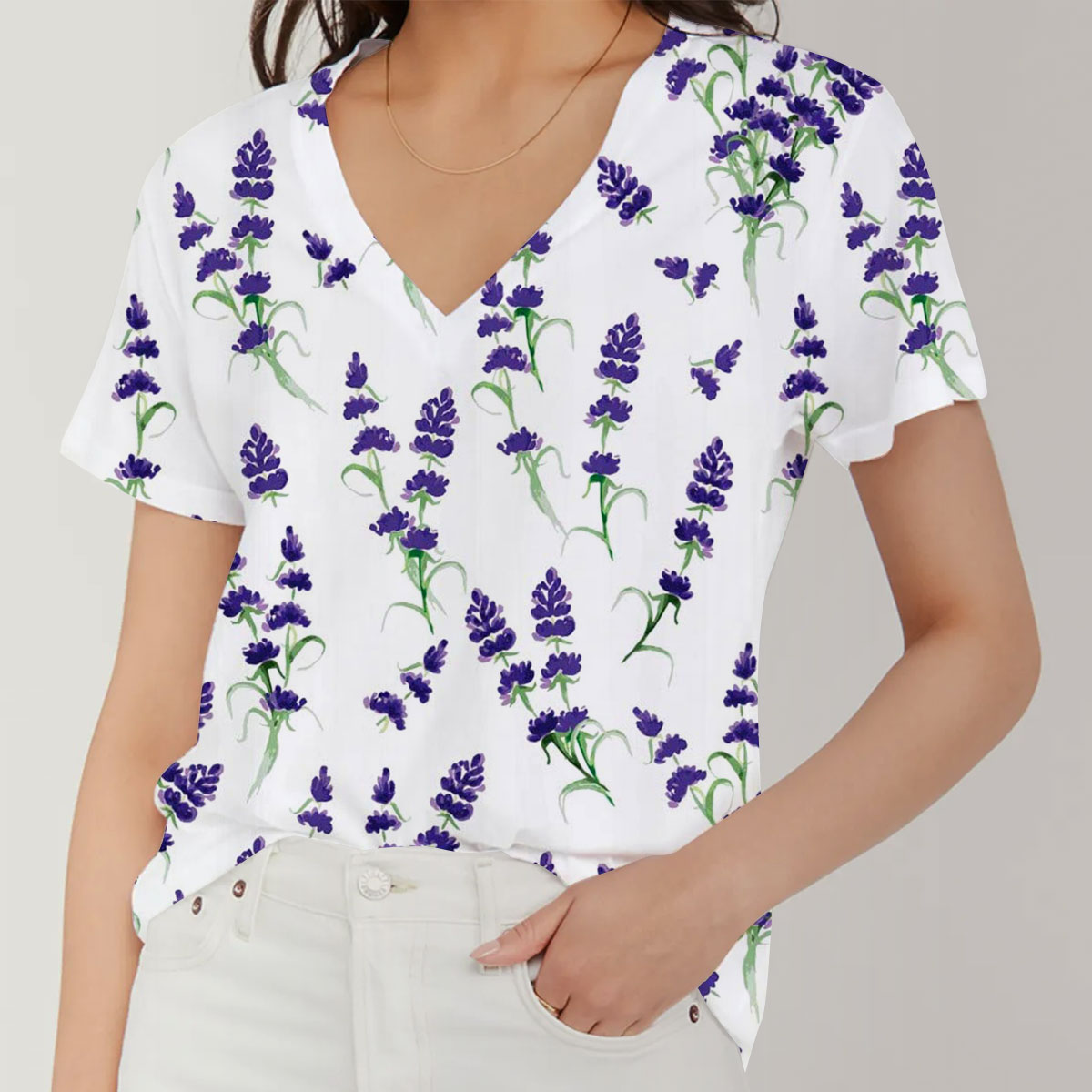 White Classic Lavender V-Neck Women's T-Shirt_1_2.1