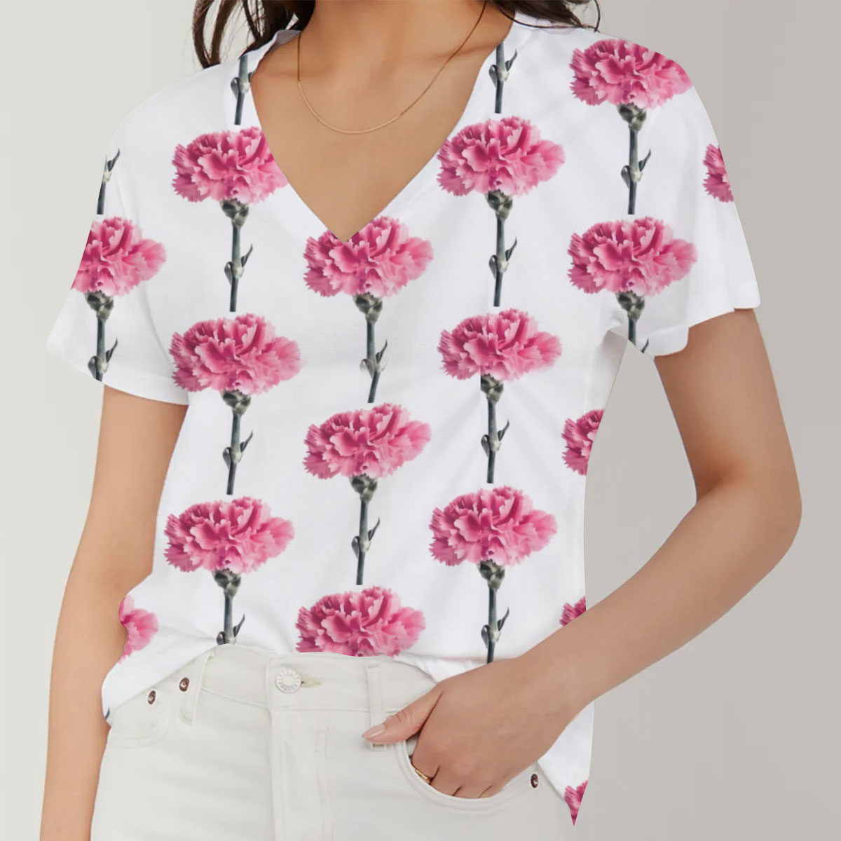 White Pink Carnations V-Neck Women's T-Shirt_1_2.1