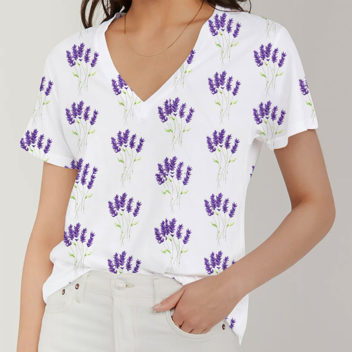 White Purple Lavender V-Neck Women's T-Shirt_1_2.1