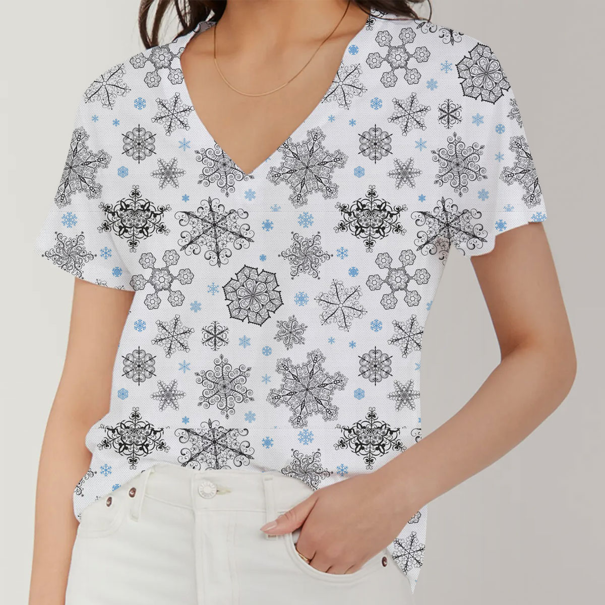 White Snowflake Winter V-Neck Women's T-Shirt_1_2.1