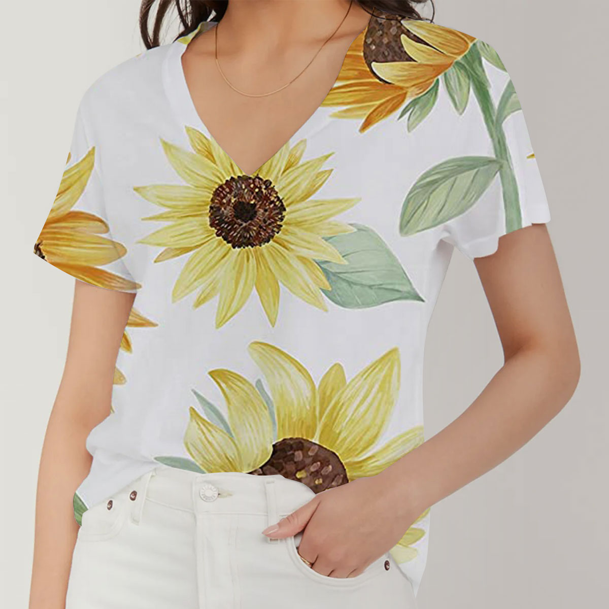 White Sunflower V-Neck Women's T-Shirt_1_2.1