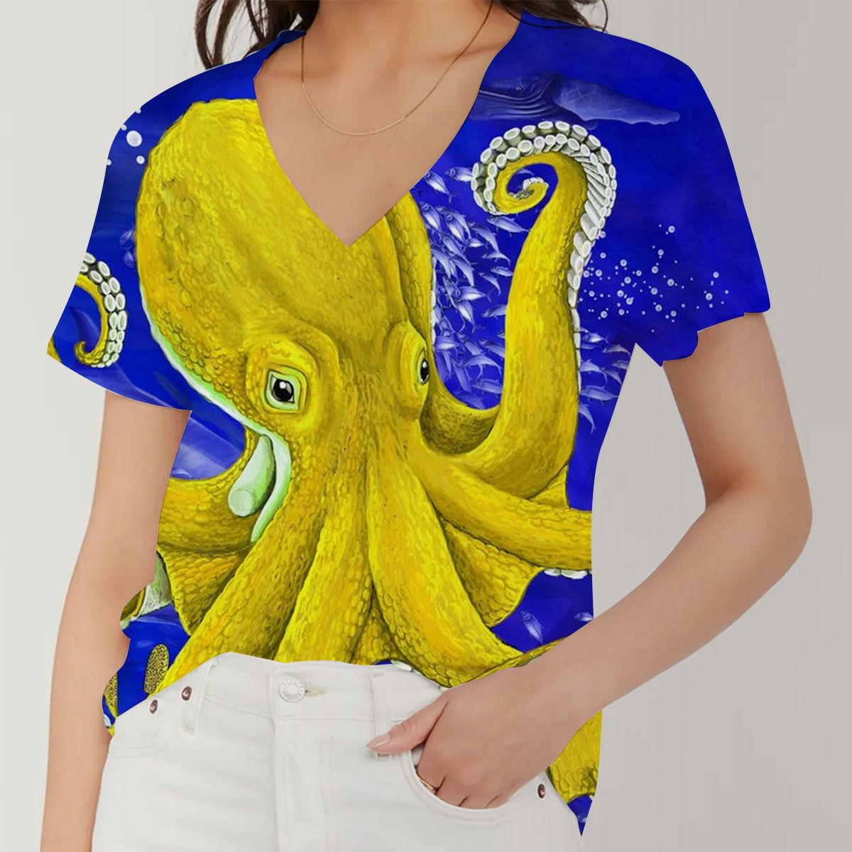 Yellow Octopus V-Neck Women's T-Shirt_1_2.1