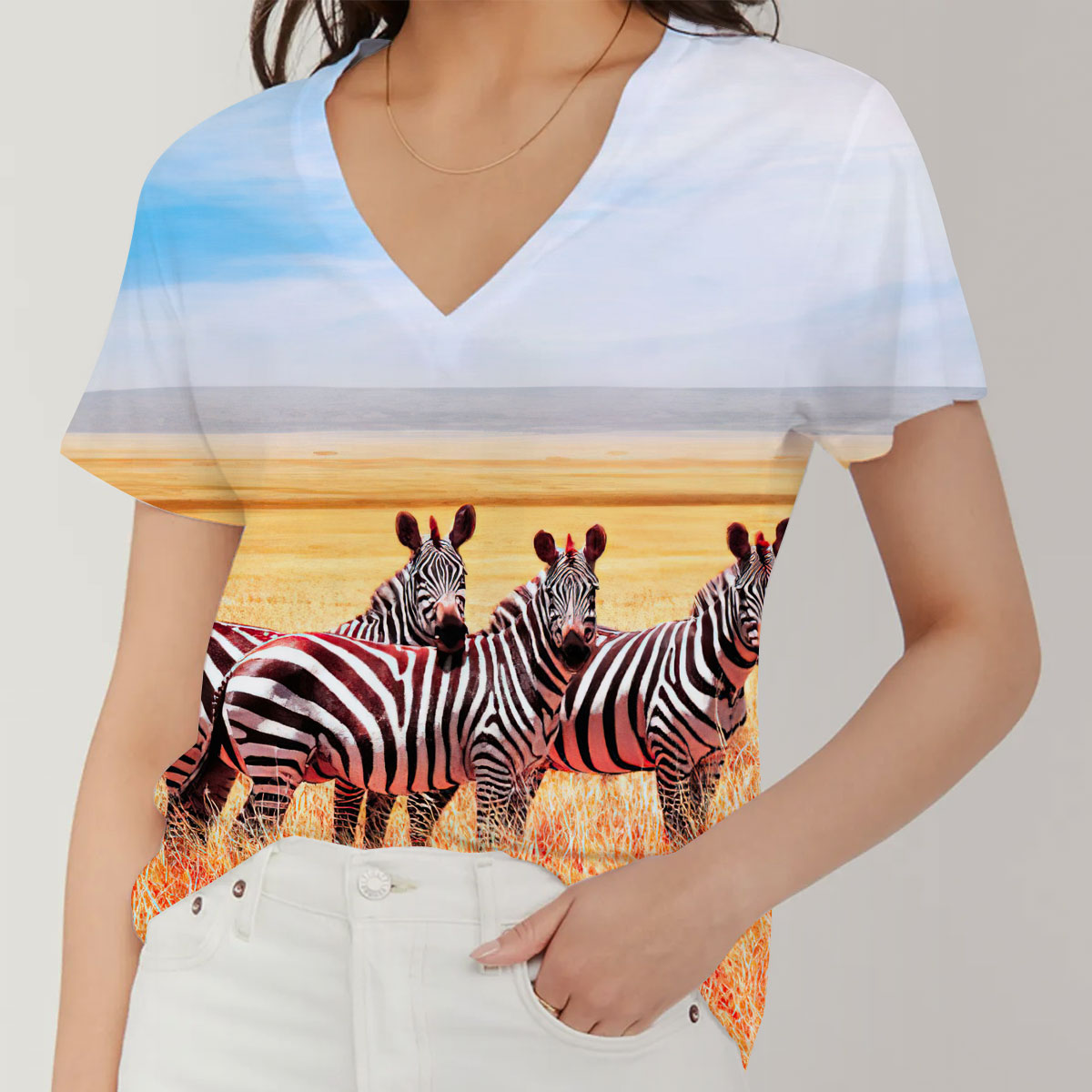 Zebra Into The Wild V-Neck Women's T-Shirt_1_2.1