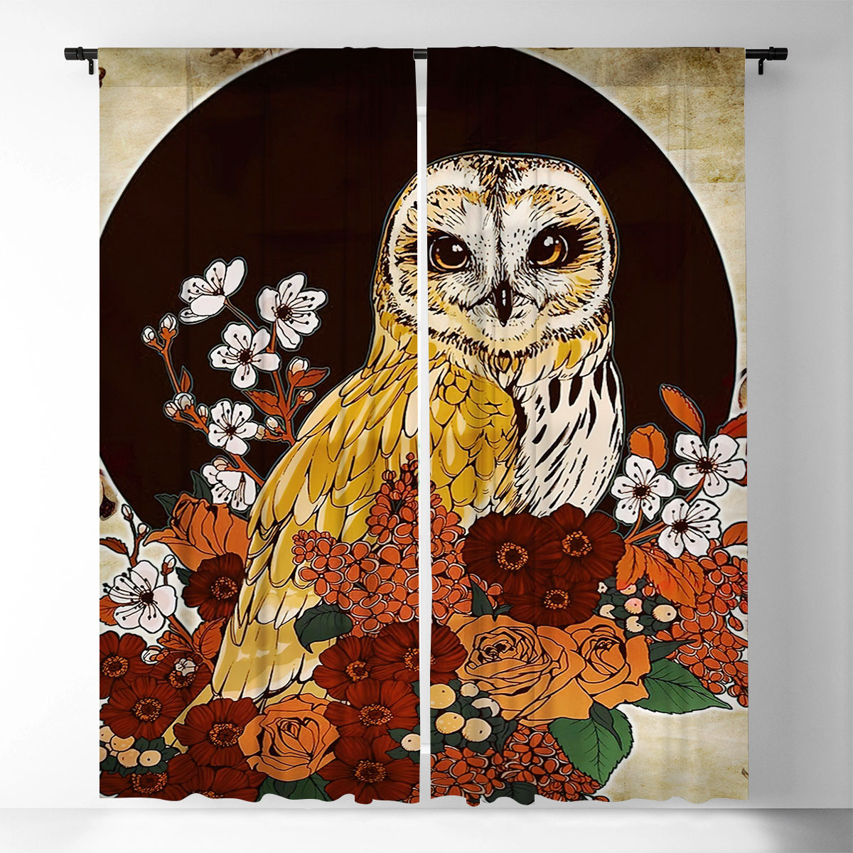 Floral Brown Owl Window Curtain_1_2.1