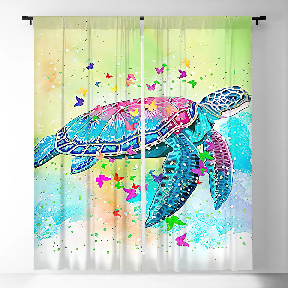 Watercolor Butterfly And Turtle Window Curtain_1_2.1