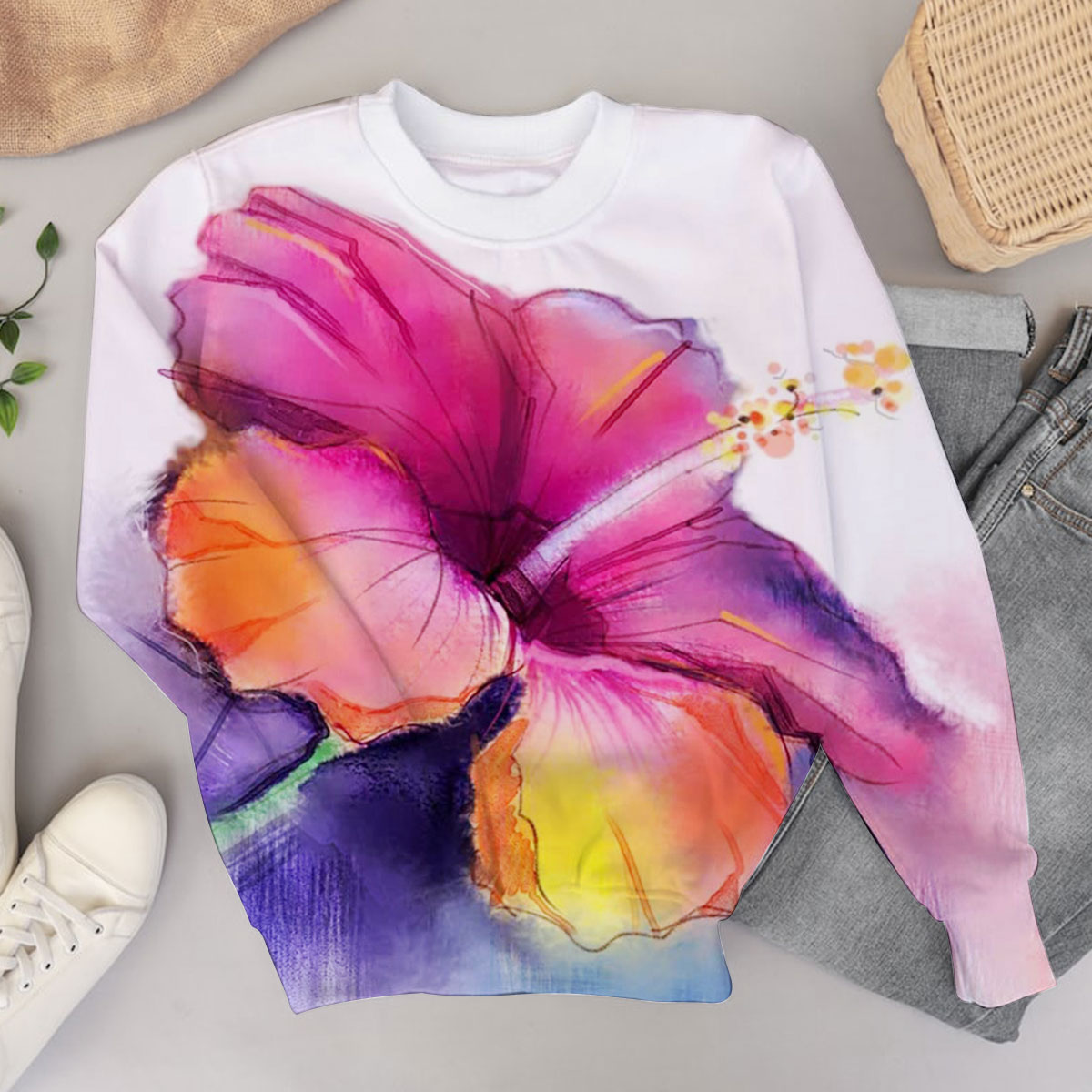 Abstract Colorful Hibiscus Sweater