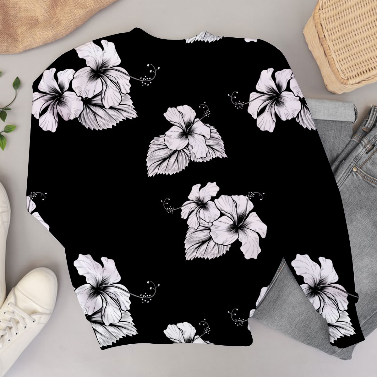 Black Hawaiian Hibiscus Sweater