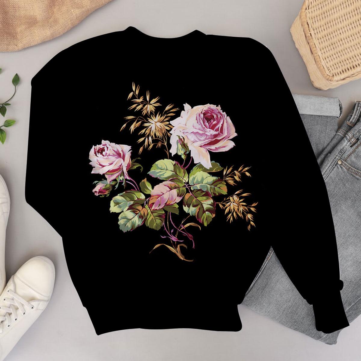 Black Peony Flower Sweater