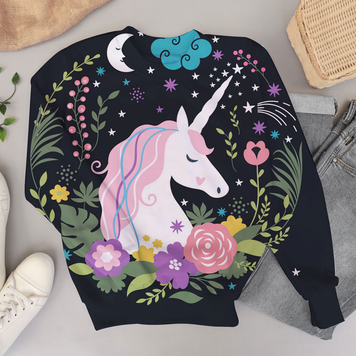 Black Unicorn Flower Sweater