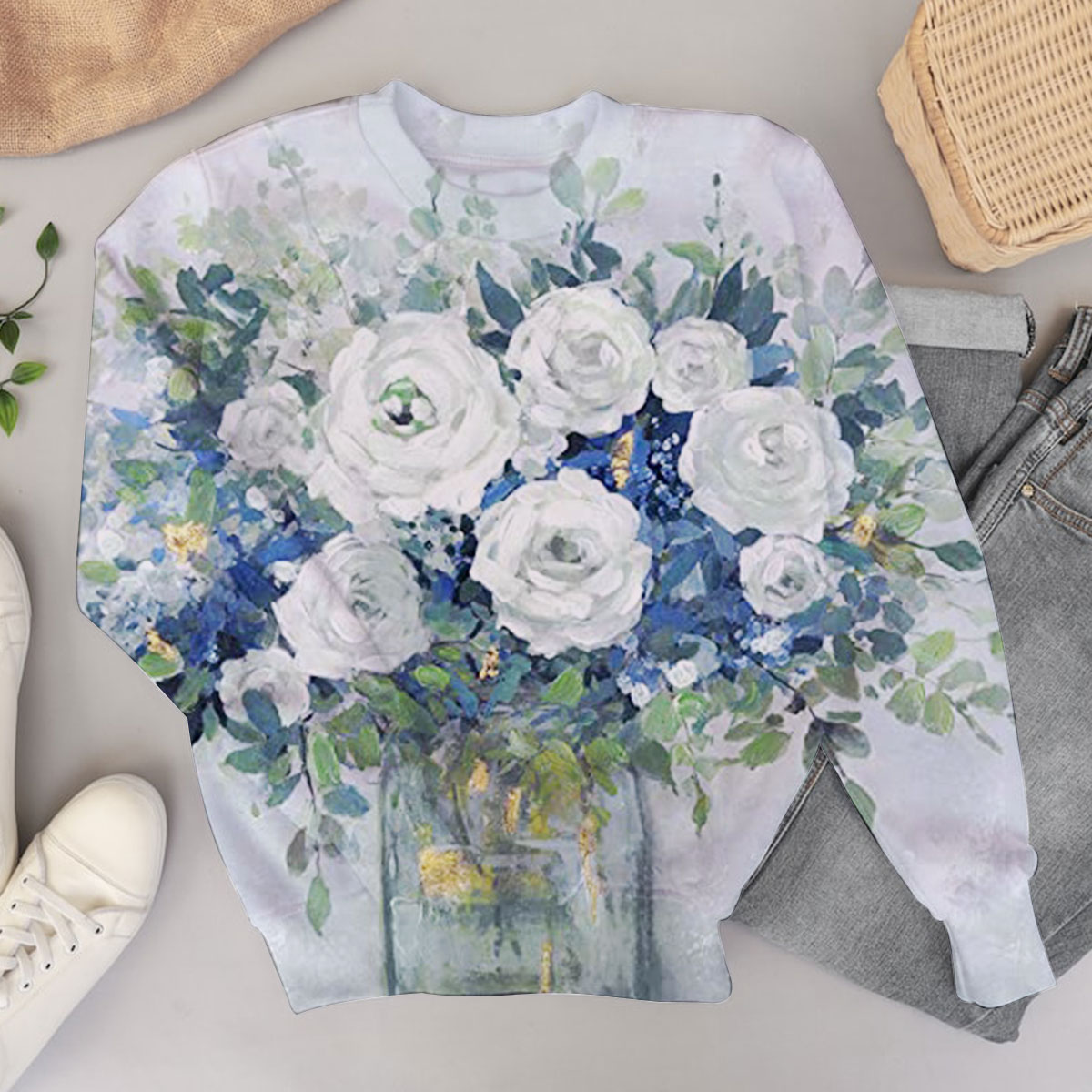 Blue And White Floral Sweater