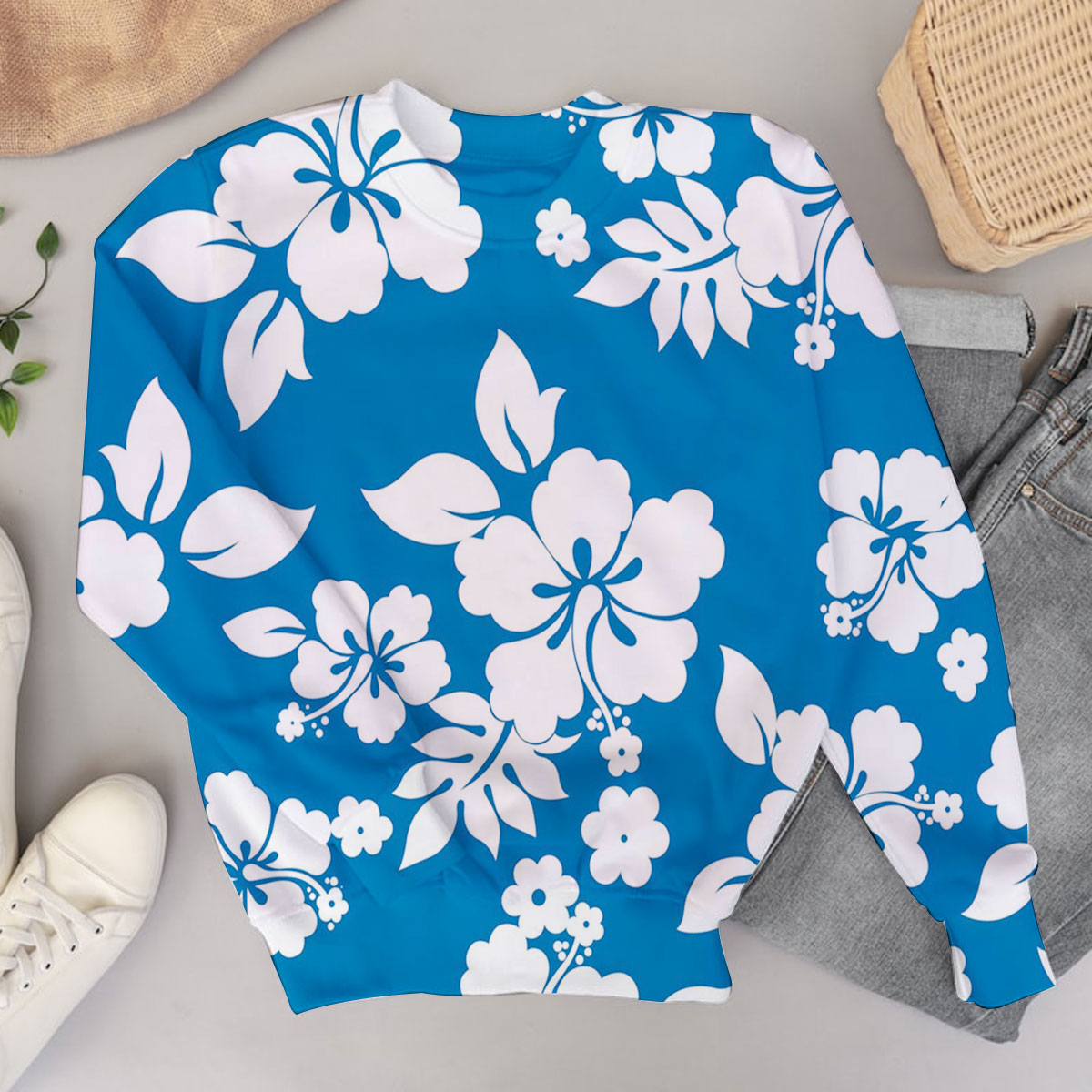 Blue Hawaii Hibiscus Sweater