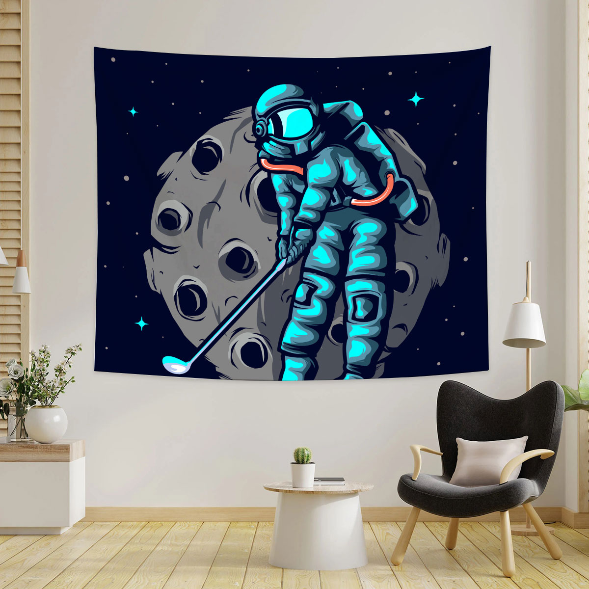 Astronaut Plays Golf Tapestry
