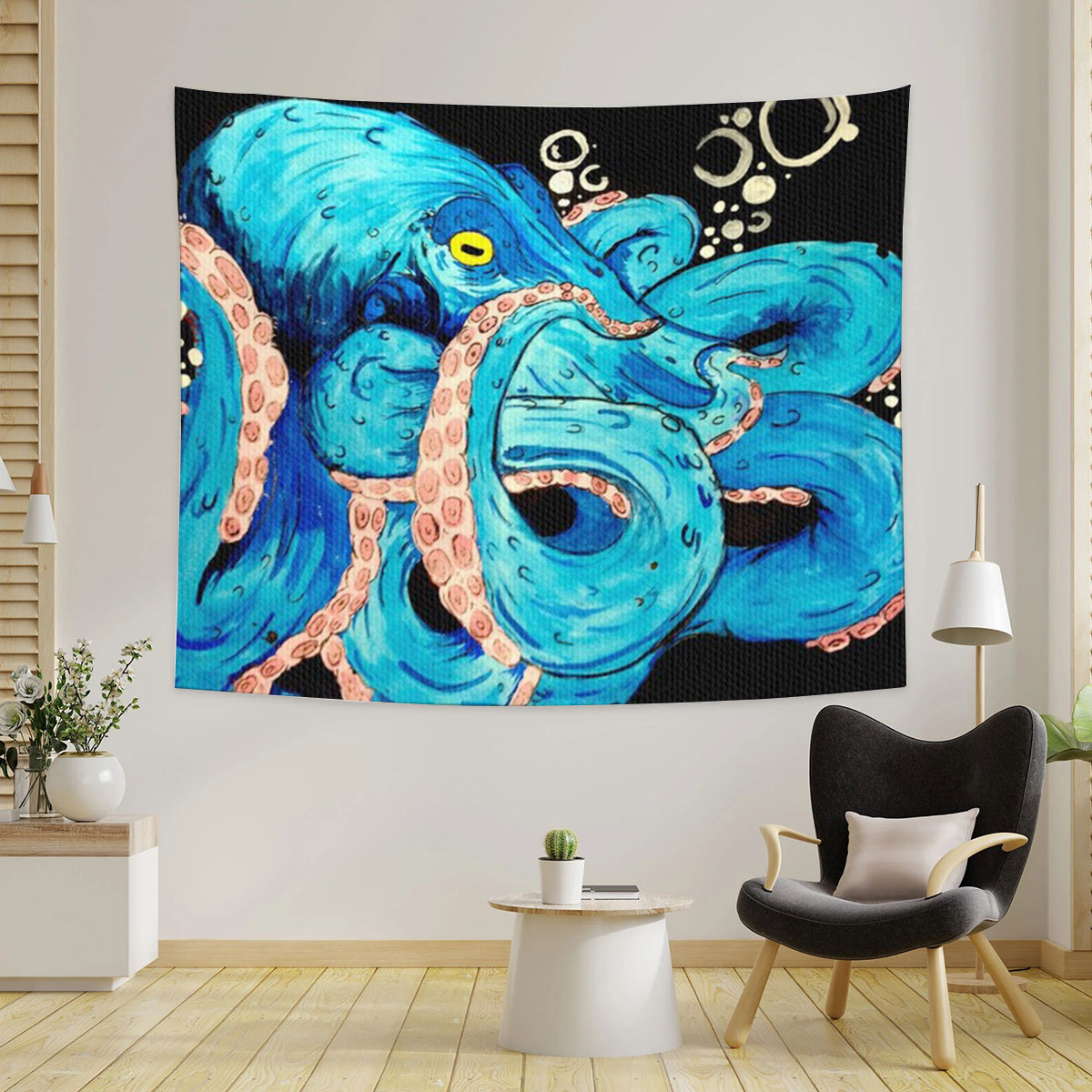 Black Blue Octopus Tapestry