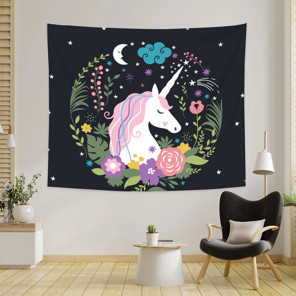 Black Unicorn Flower Tapestry