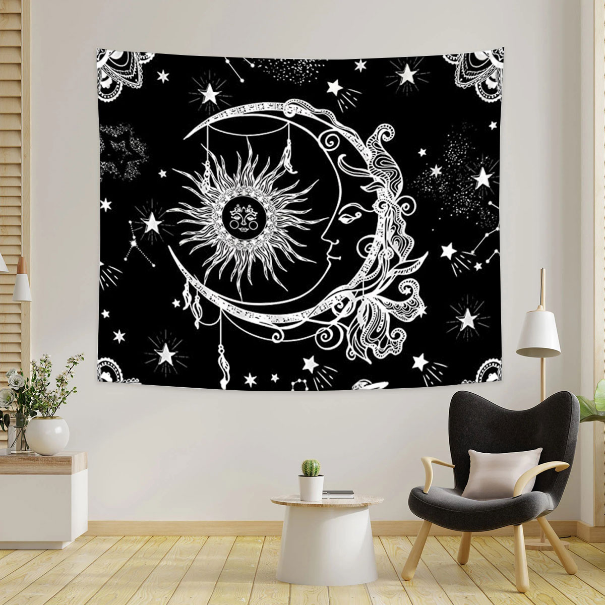 Black White Bohemian Sun Moon Tapestry