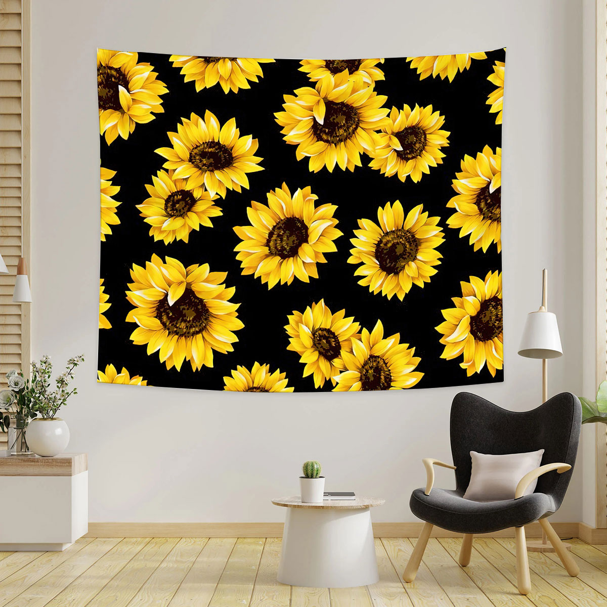Black Yellow Sunflower Tapestry