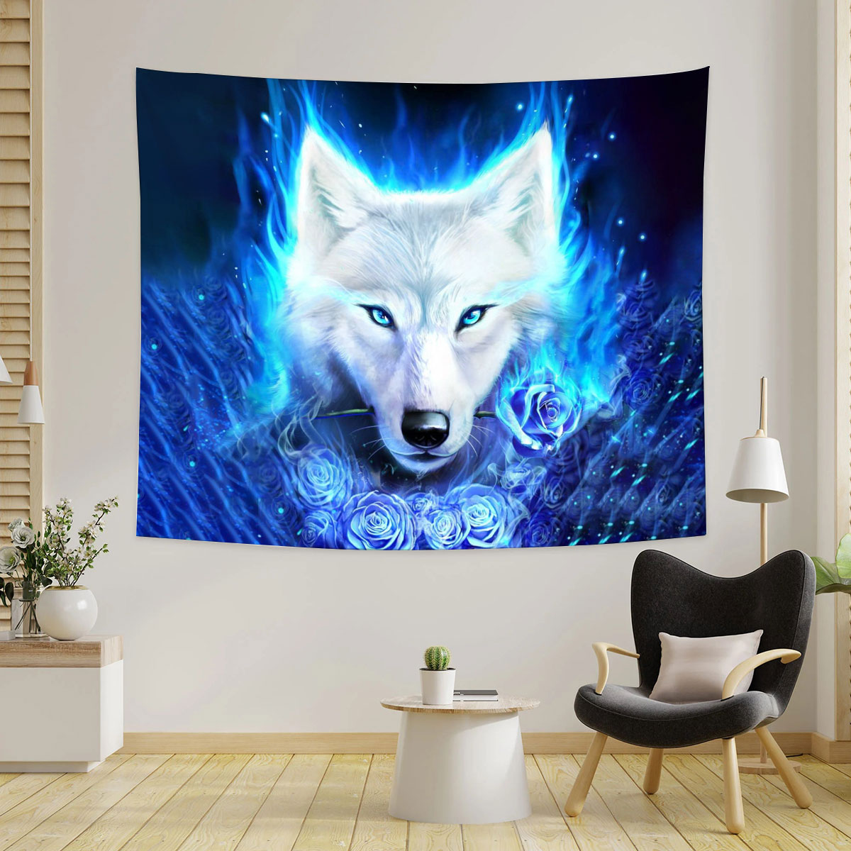 Blue Flower Wolf Tapestry