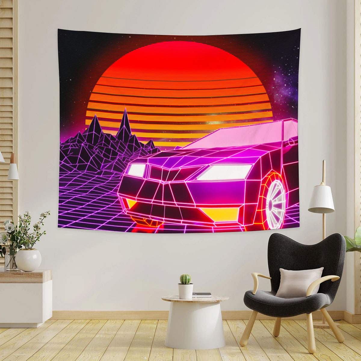 Retro Car In The Sunset Tapestry