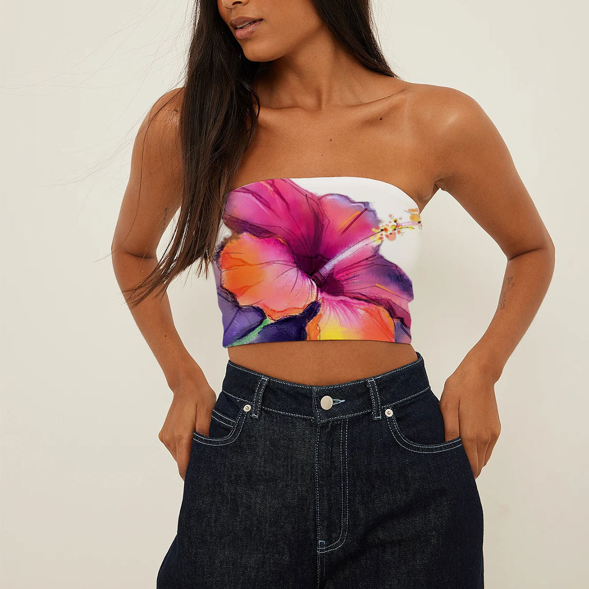 Abstract Colorful Hibiscus Tube Top