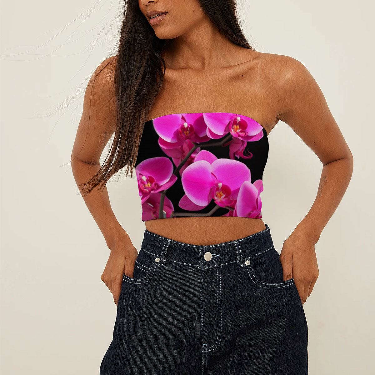 Black And Pink Orchidd Tube Top