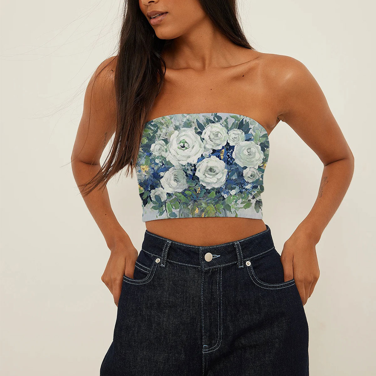 Blue And White Floral Tube Top