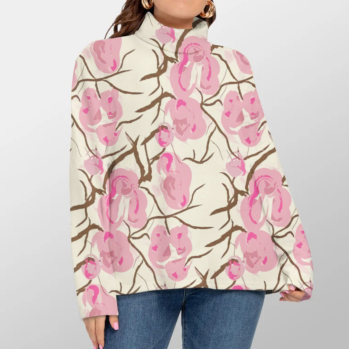 Abstract Cherry Blossom Turtleneck Sweater