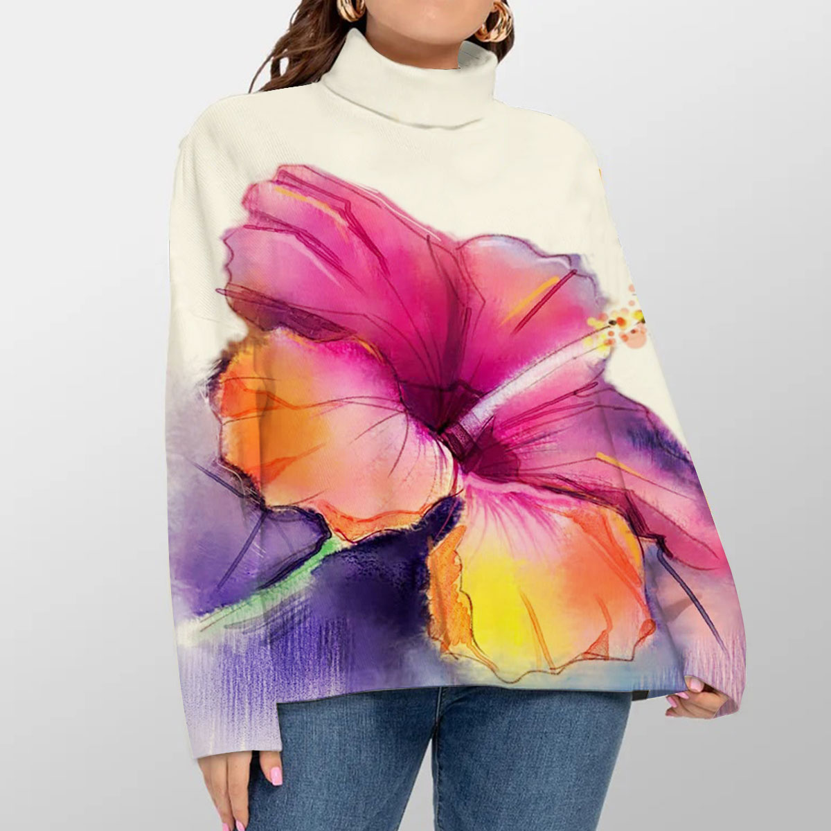 Abstract Colorful Hibiscus Turtleneck Sweater