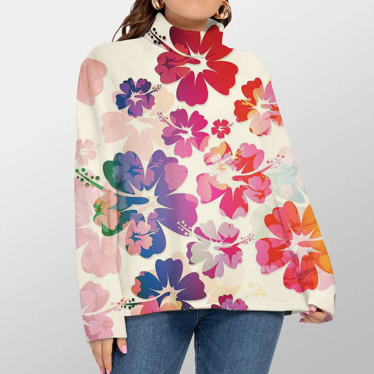 Abstract Tropical Hawaii Flowers Turtleneck Sweater