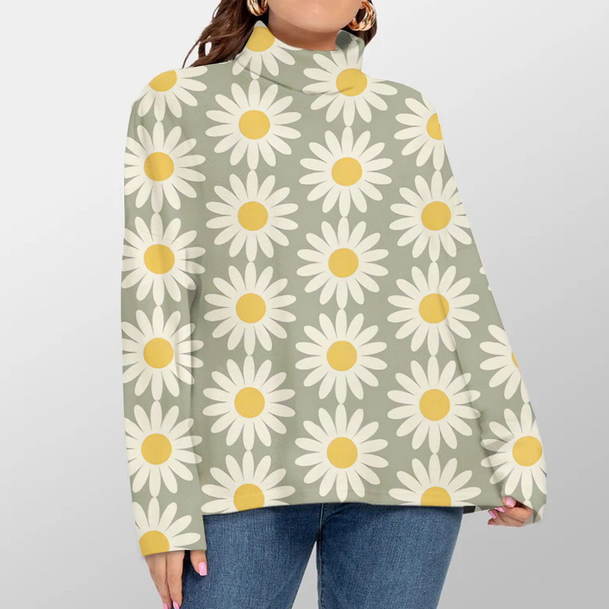 Beautiful Daisy Flower Turtleneck Sweater