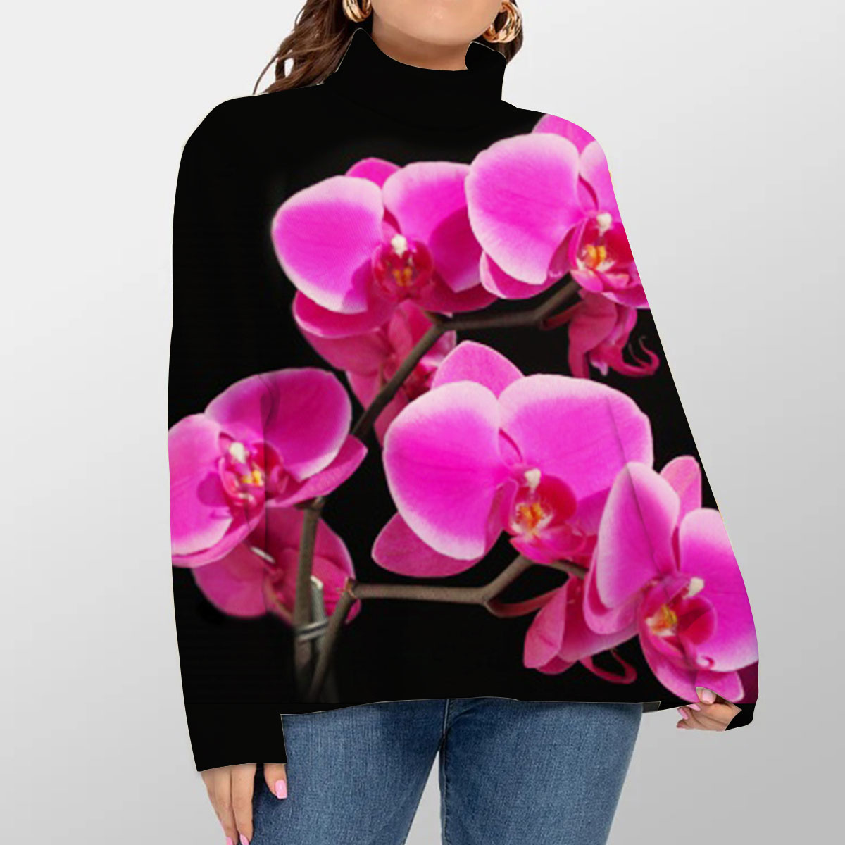 Black And Pink Orchidd Turtleneck Sweater