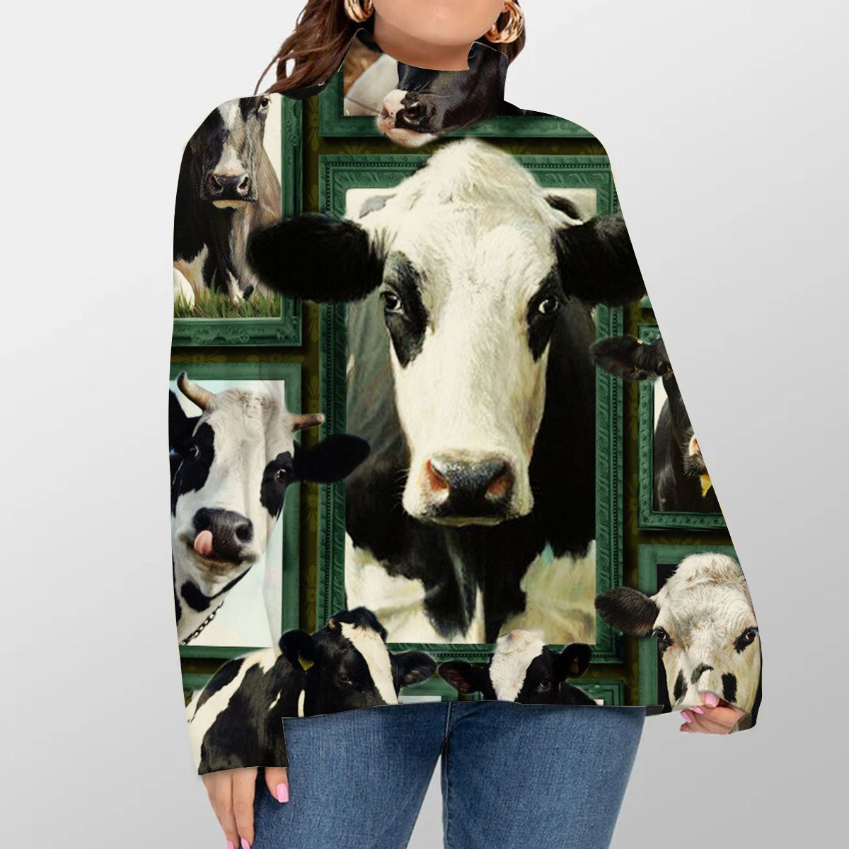 Black And White Cow Turtleneck Sweater