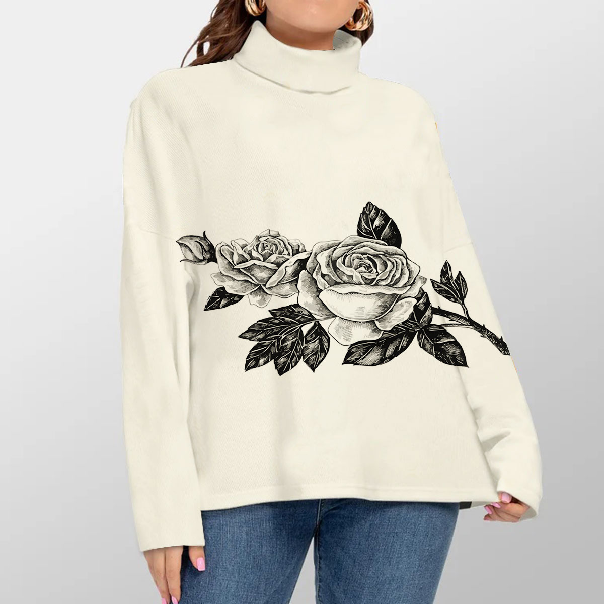 Black And White Rose Turtleneck Sweater