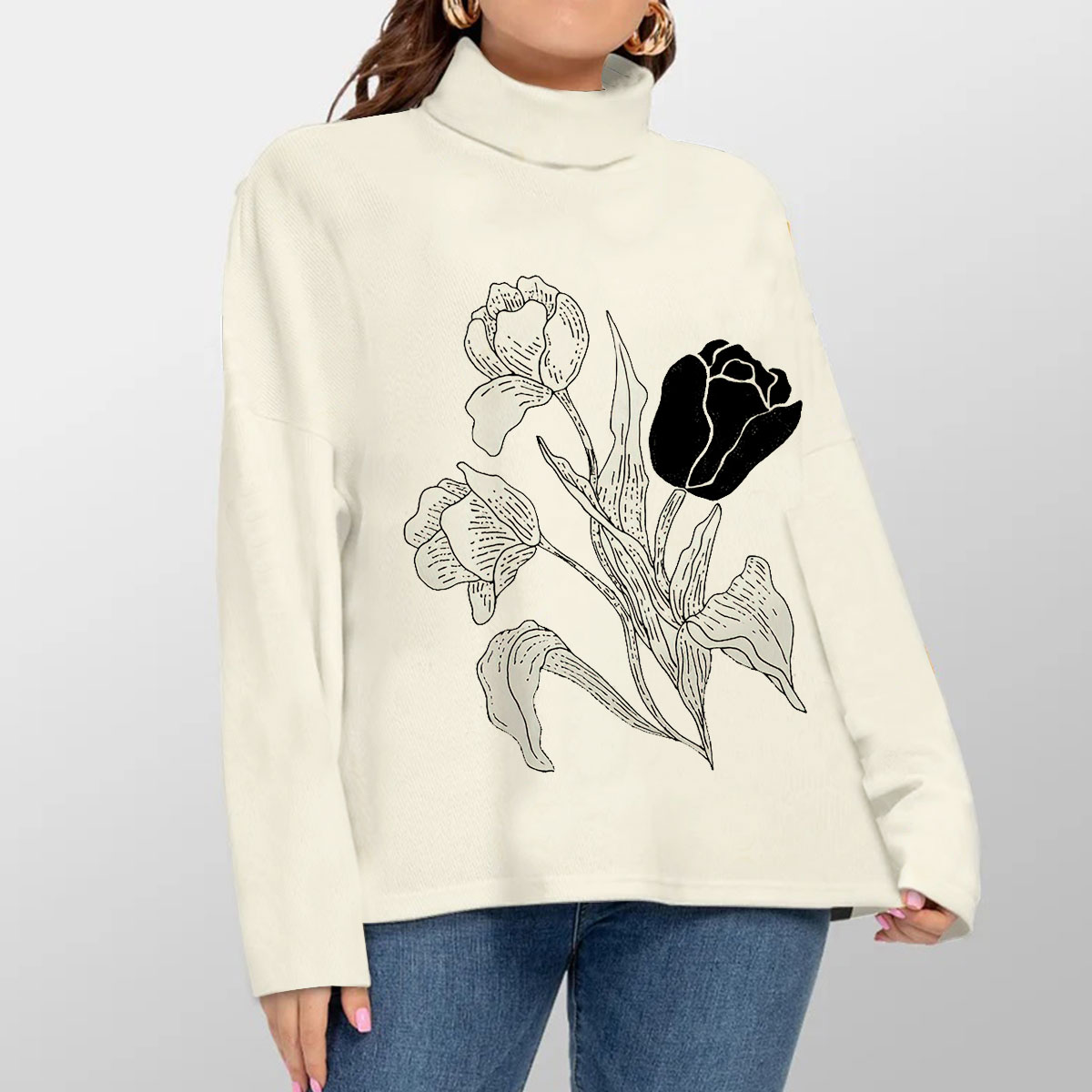Black And White Tulip Turtleneck Sweater