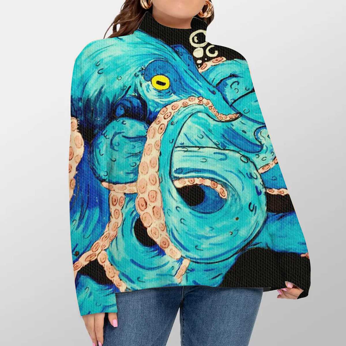 Black Blue Octopus Turtleneck Sweater