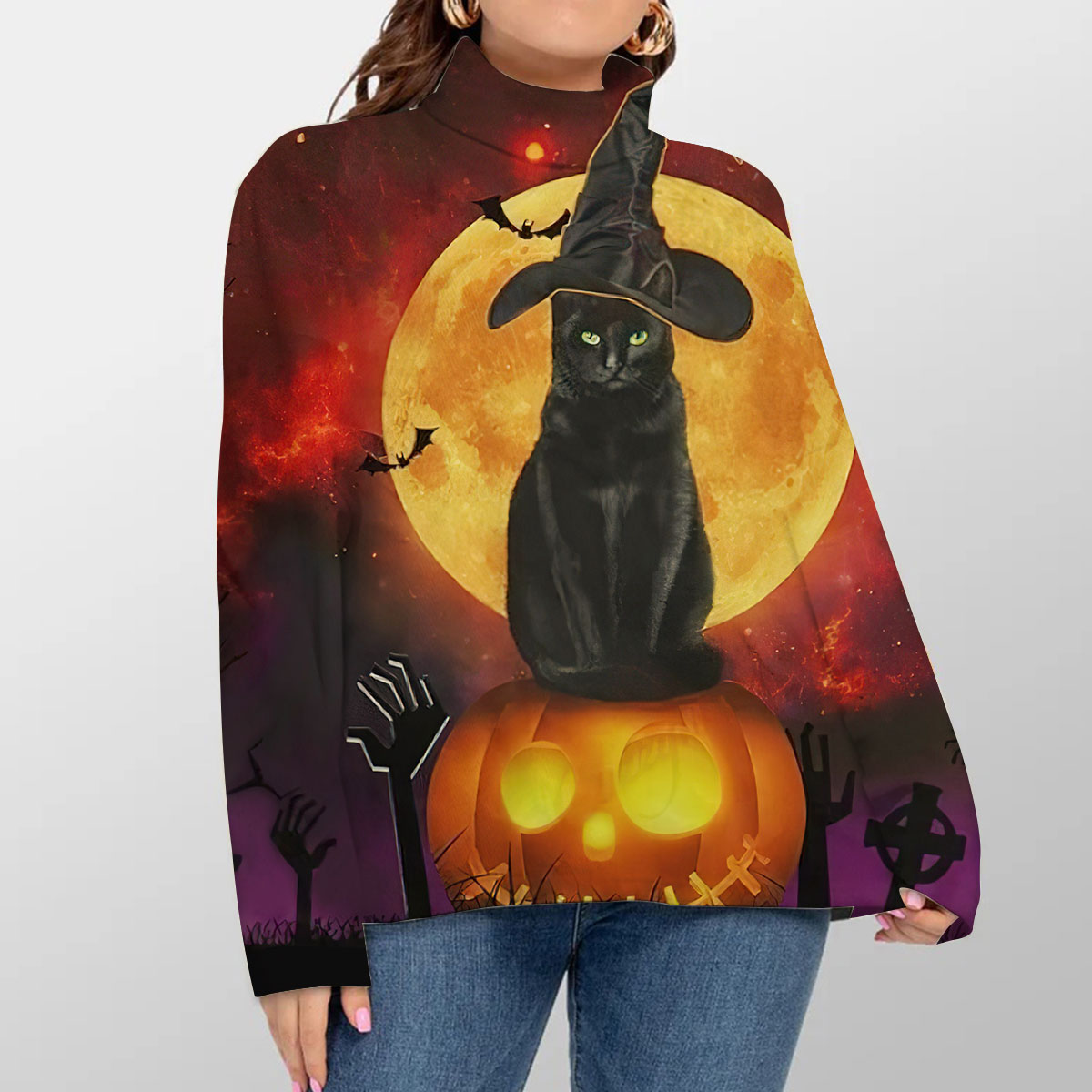 Black Cat Witch Turtleneck Sweater