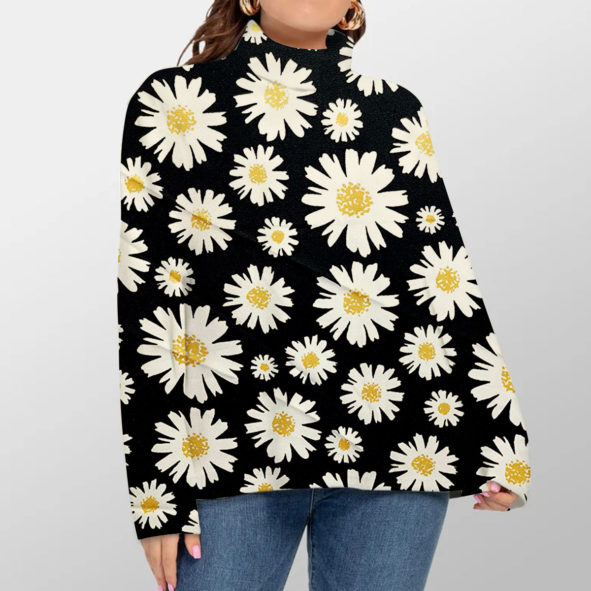 Black Daisy Turtleneck Sweater